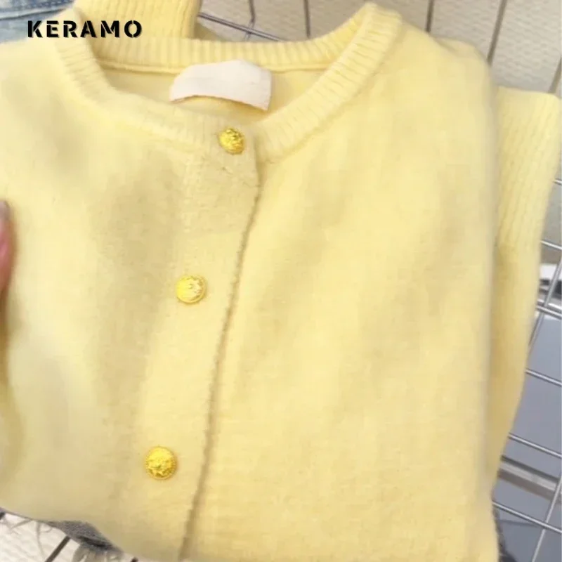 Women Luxury Sweet Knit Long Sleeve O-Neck Yellow Cardigans 2024 Winter Korean Fashion Casual Single Breasted Elegant Sweater