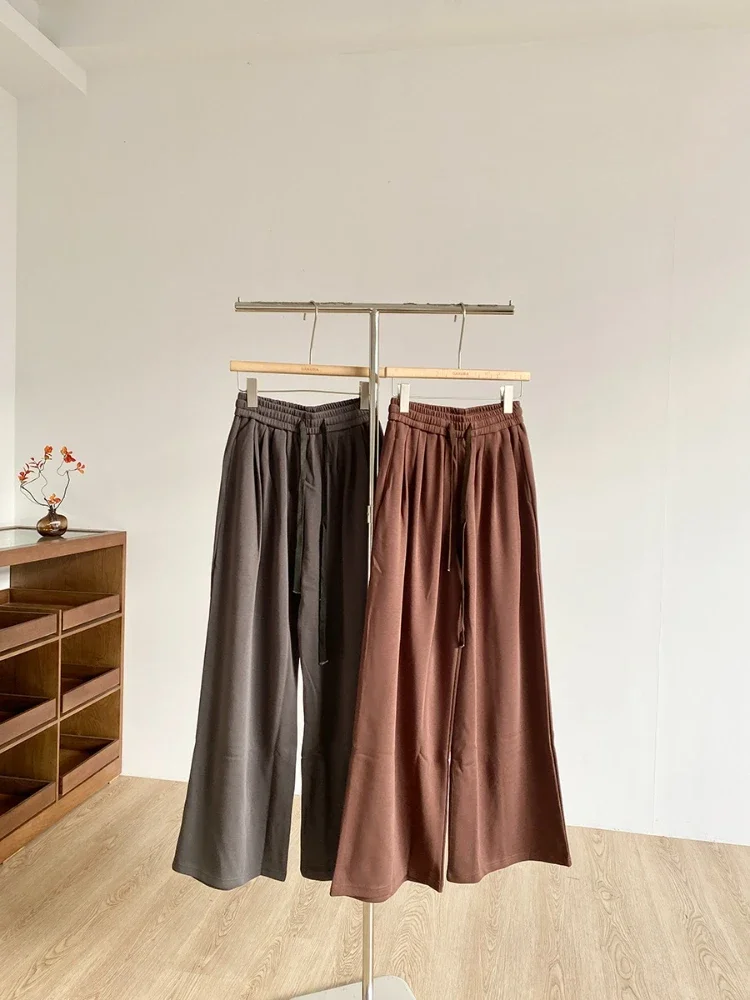 النسخة الكورية بسيطة عالية الخصر الرباط معلقة يشعر السراويل عارضة تنوعا اليومية التنقل السراويل واسعة الساق للنساء