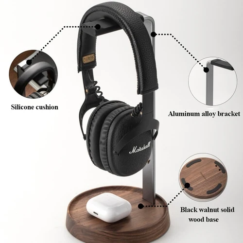 Imagen 2 del producto Soporte Universal de madera para auriculares, nogal negro + aleación de aluminio, soporte para auriculares para juegos, estante de exhibición de escritorio, ahorro de espacio