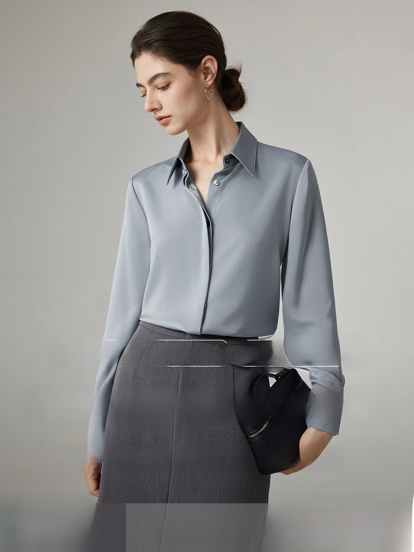 

Yake Home Upgrade 30 Grey Blue Satin Fabric Women's Shirt Spring Autumn Drapey Commute Professional Long Sleeve V-neck