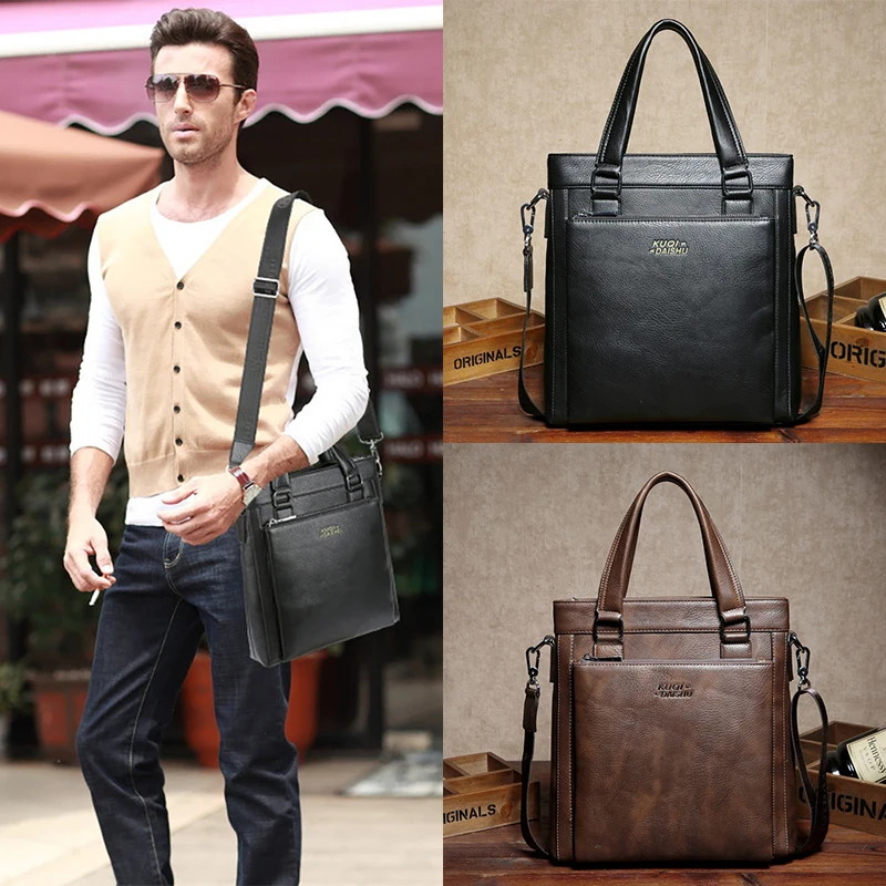Men'S PU Leather Briefcase Executive Document Office Handbag Shoulder Vertical Portable Business Messenger Crossbody Side Bag