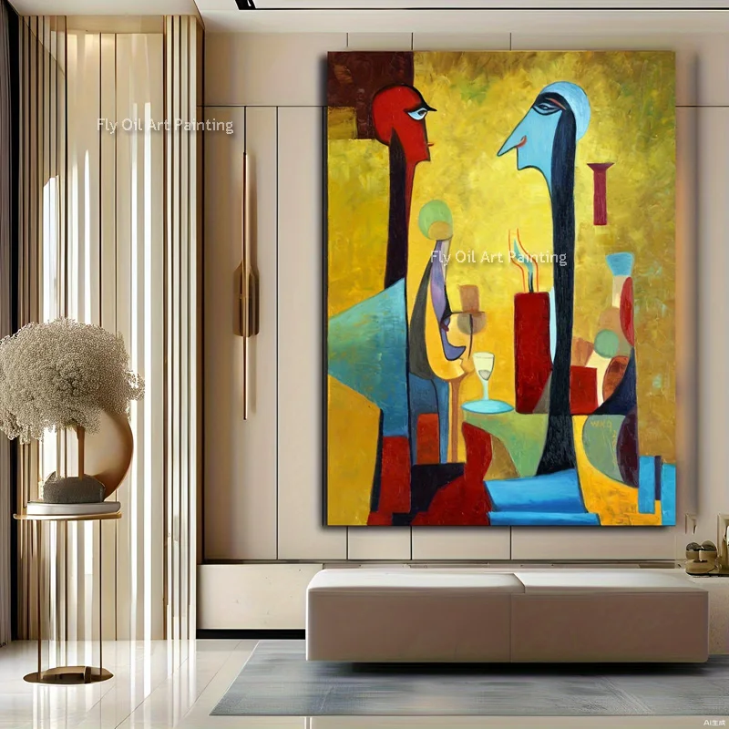 Handmade Cubist Abstract Figure Oil Painting Hand-Painted Textured Canvas Art Vibrant Yellow Blue Geometric Wall Decor for Home