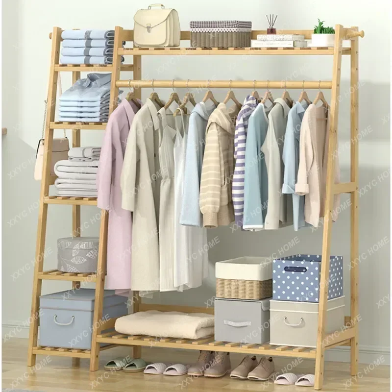 Bamboo Material Clothes Rack Multifunctional Clothes Hanger Trapezoid Design Storage Rack Multi-layer Structure Wardrobe Hangers