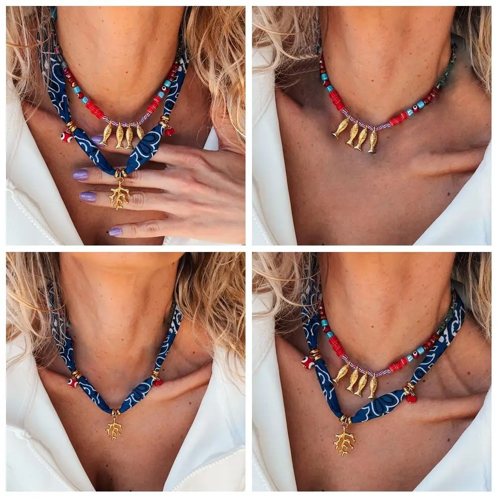 

Creative Gift Bohemian Fish Coral Pendant Necklace Stainless Steel Vintage Cloth Wrap Scarf Necklace Beaded Necklace