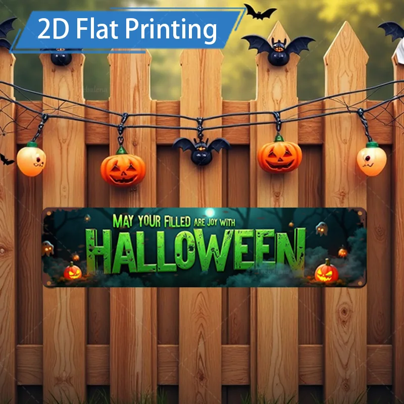 

1pc Metal Sign, 4x16inch Halloween Joyful Scene Flat Printing Metal Sign with Pumpkin and Bat Decorations
