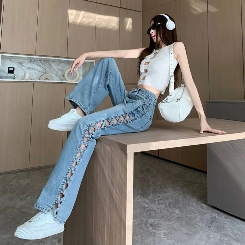 Neue Damen-Jeans, modische gewaschene Jeans für Damen, 2022, Sommer-Perlenhose mit hoher Taille, lockere Passform, gerade Jeans, Vintage Wh16