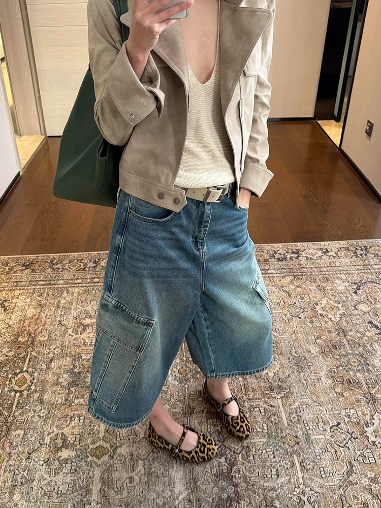 plus Size American Retro Blue Multi Pocket Workwear Jeans Women Summer Thin Loose Slimming Seven-Foot Wide Leg Pants