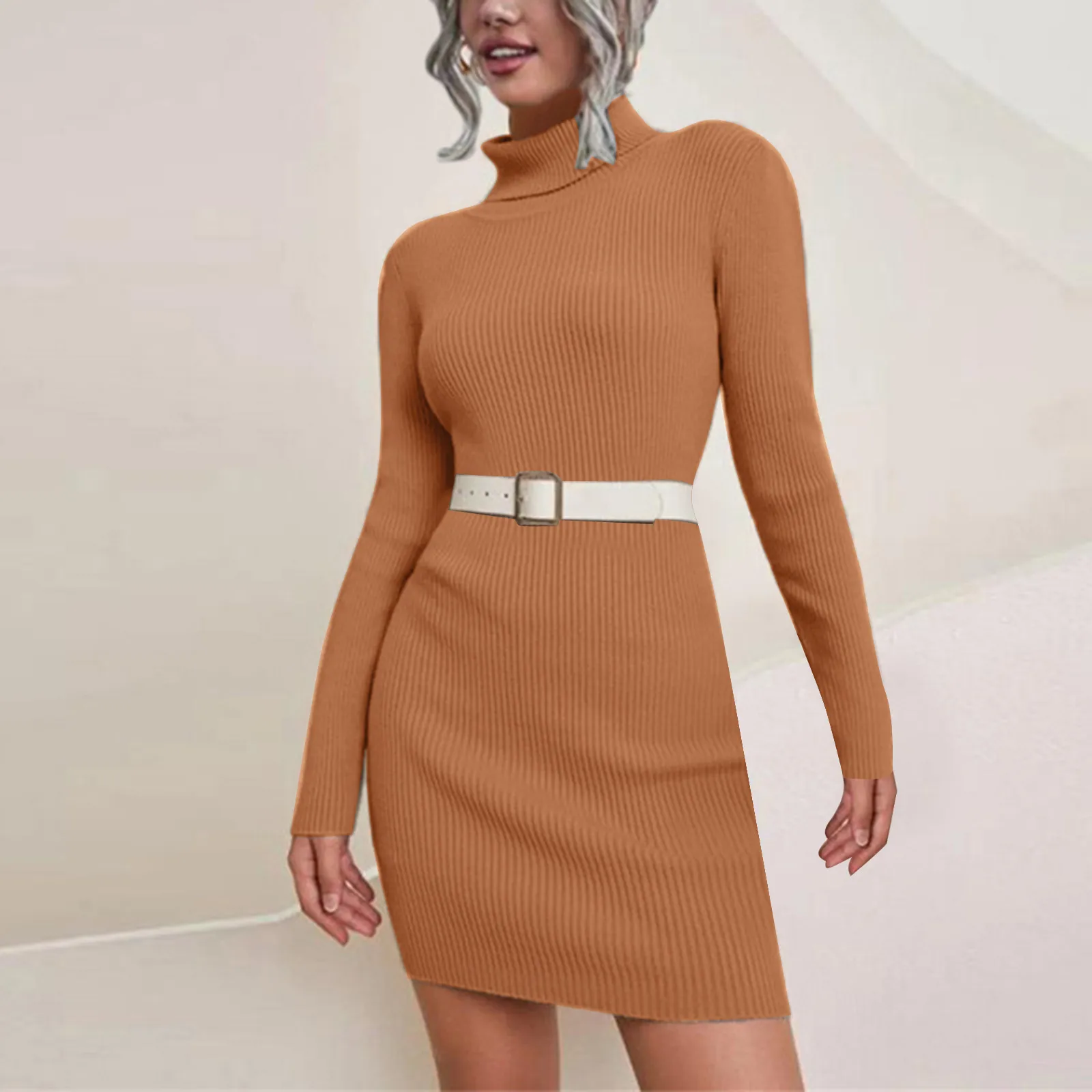 

Turtleneck Knitted Dress Women Casual Vintage Belt Slim Wrap Pullovers Sweater Mini Dresses Female 2024 Autumn Winter Vestidos