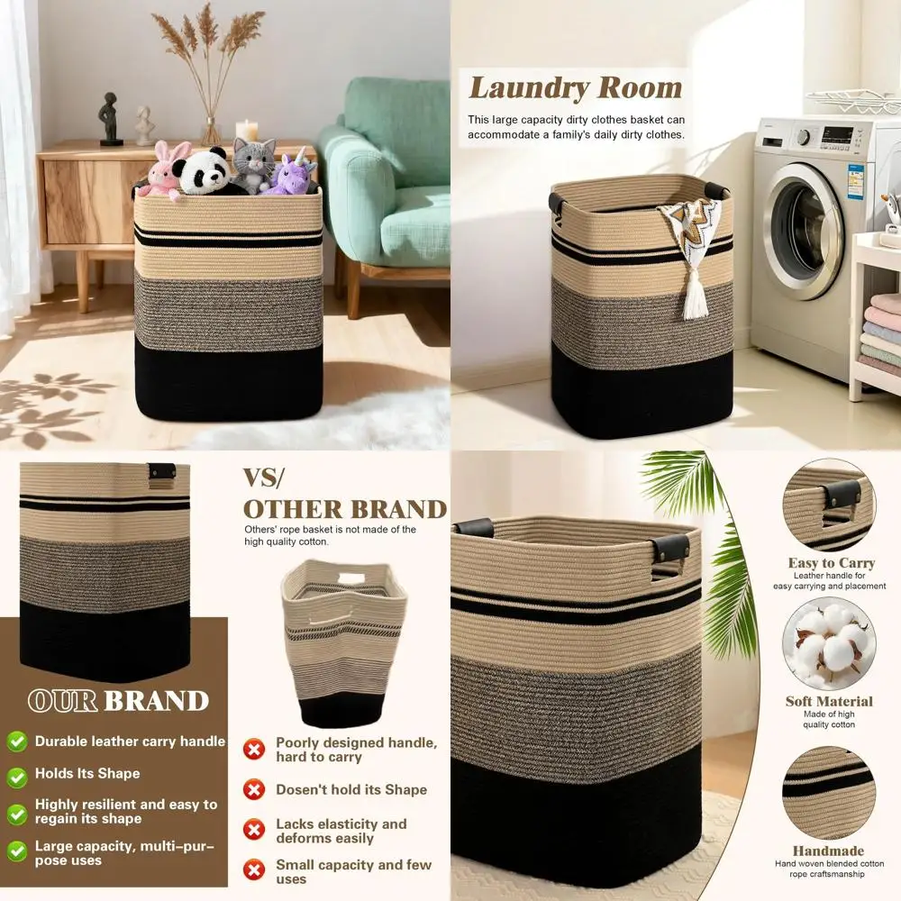 

Корзина для белья, высокая корзина для белья высотой 95 л с кожаными ручками, большая прямоугольная корзина для одежды для организации, белье из хлопчатобумажной ткани