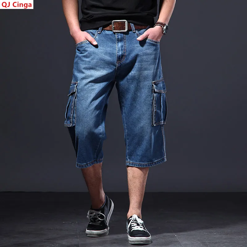 New Summer Men's Multi-pocket Jeans, Workwear-style Blue Denim Shorts, Asian Sizes 30–42.