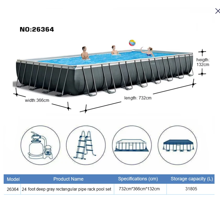 26364 7.32 * 3.66 * 1.32M Rectangle Family Fun Framed Steel Pool and Accessories Included for Family Enjoyment