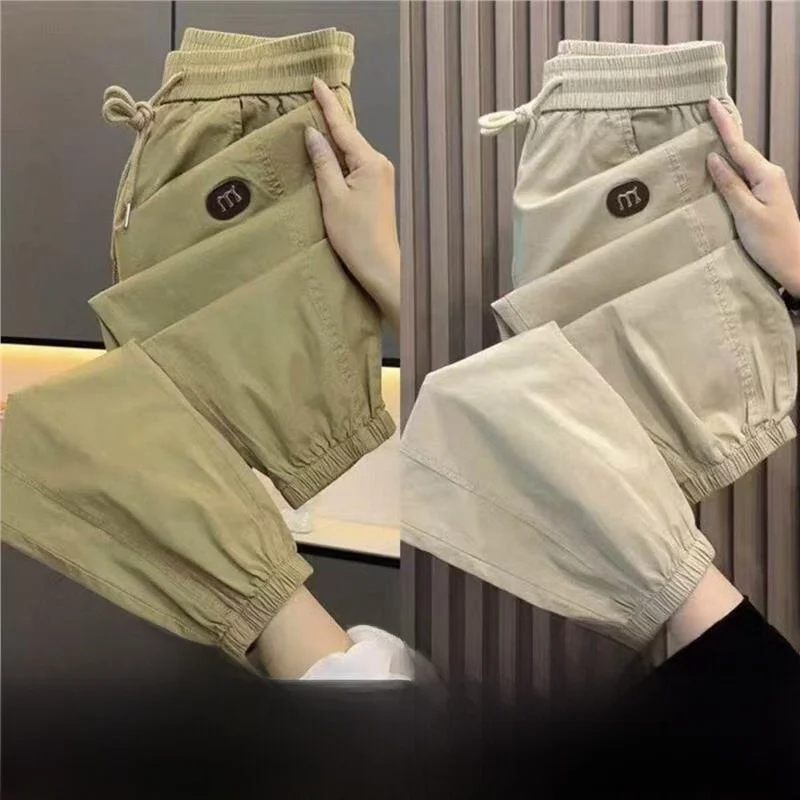 

Мужские летние свободные спортивные брюки из ледяного шелка, тонкие, дышащие, с манжетами, легкие, повседневные, модные