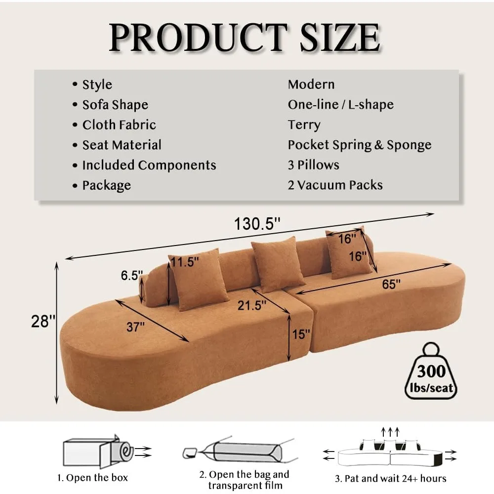 أريكة حديثة مقطعية بأربعة مقاعد مع 3 وسائد، أريكة وحدات مريحة على طراز السحابة، تصميم بسيط من قماش تيريكل منحني للاسترخاء #2