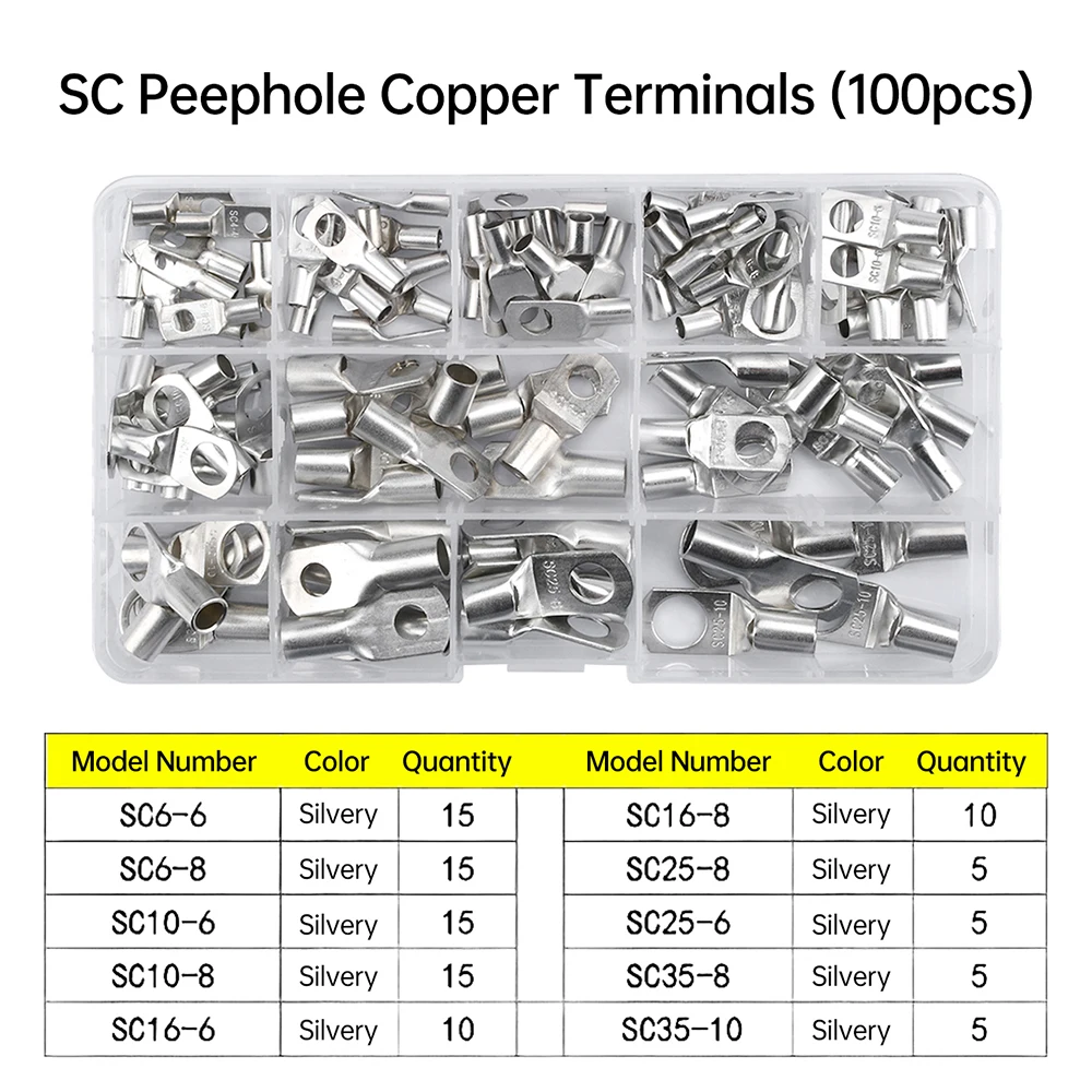 

60PCS Ring Terminal Cable Shoes Lugs Tinned Copper Lug Wire eye Connectors Bare 60pcs Terminals Lugs Wire Copper Kits