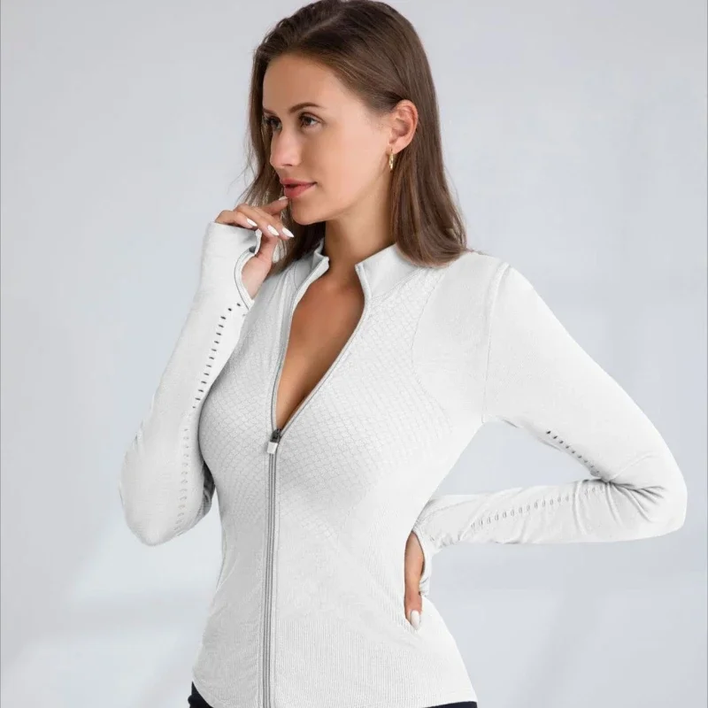 Zipper long-sleeved yoga clothes for women, outdoor sports running cardigan, round neck slim-fit fitness clothes.