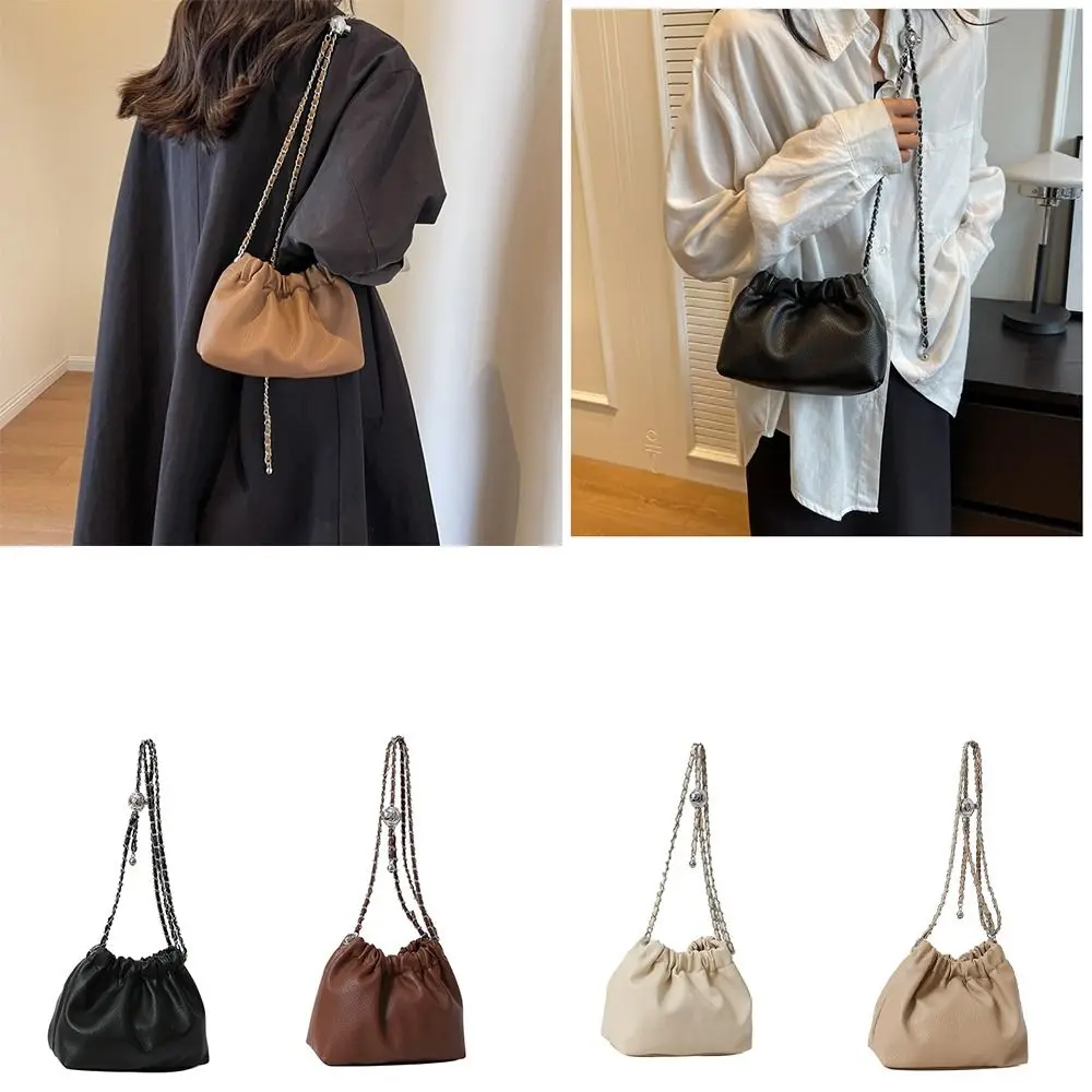 PU Shoulder Bags Fashion Chain Circle Handheld Crossbody Bag Exquisite Drawstring Bucket Bag  for Women with Chain Strap