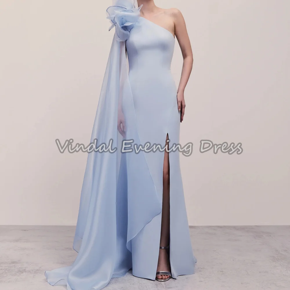 

Vindal Crepe Straight One-shoudler Neckline Floor Length Simple Saudi Evening Dresses For Women 2025 With Flowers Party Dress