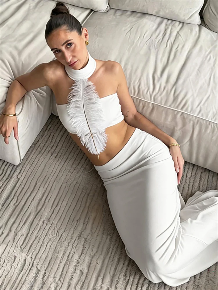 Tossy Elegant White Feather Two Piece Outfits Women Sexy Backless Halter Top and Long Mermaid Skirt Set Celeb Runway Club Wear