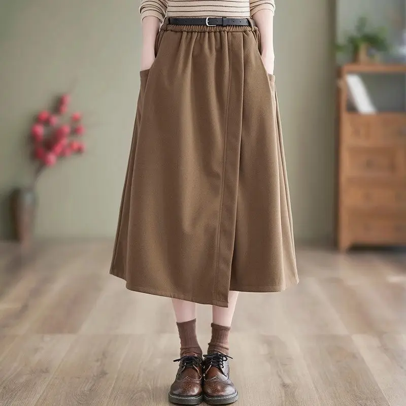 Irregular Woolen Skirt For Women Elastic Waist Fashion Oversized A-Line Versatile Mid Length Autumn Winter Skirt Faldas Z2971