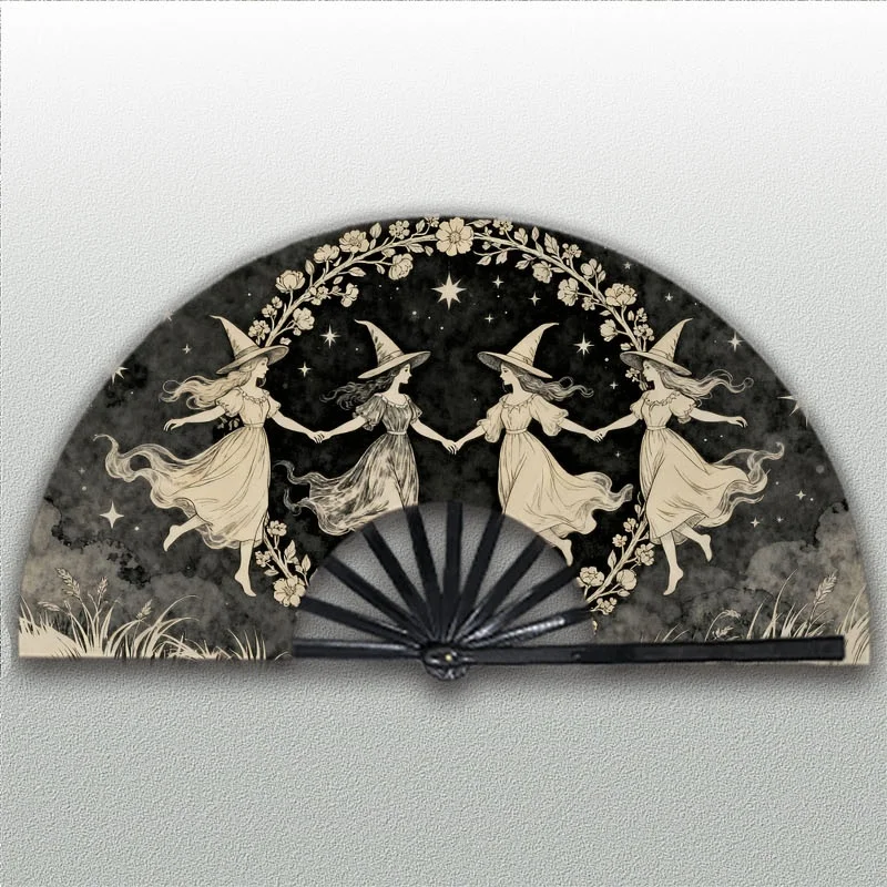 1pc Men's Handheld Fan with Whimsical Witch Dance Design (Four Women Dancing) - Lightweight Portable Cooling Fan Suitable for Daily Use, Outdoor Activities, Parties & Festivals - Stylish Accessory for Fashion-Forward Men