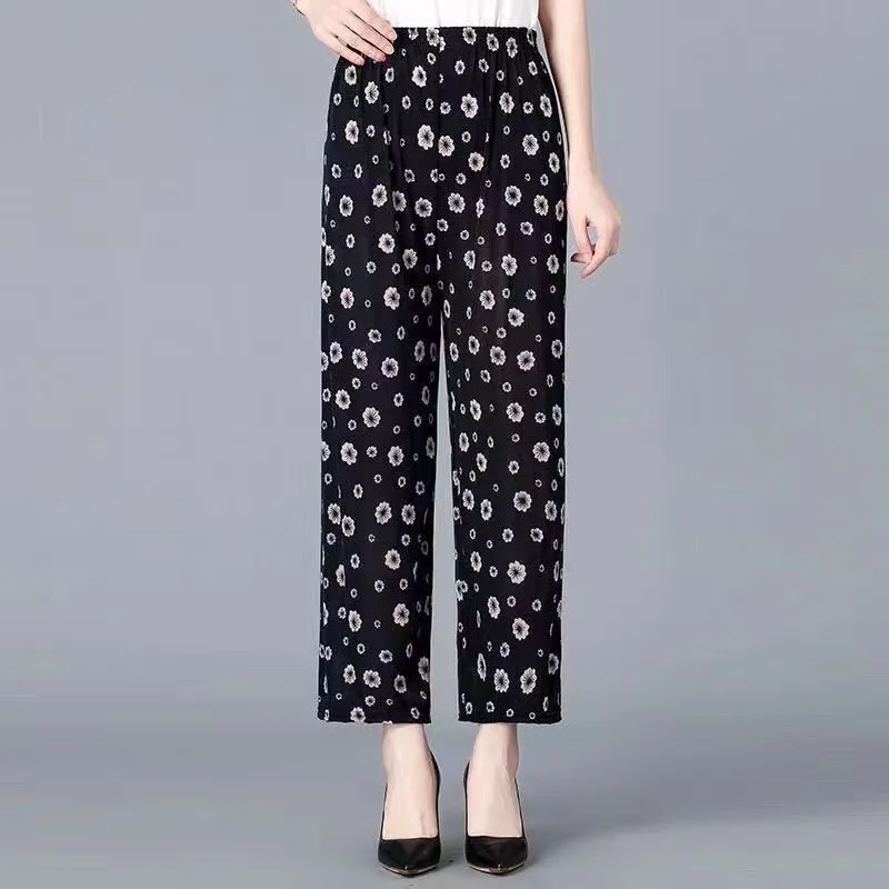 

Свободные прямые брюки с высокой талией для женщин, летние тонкие брюки из ледяного шелка, брюки с цветочным принтом для мам, удобные повседневные брюки