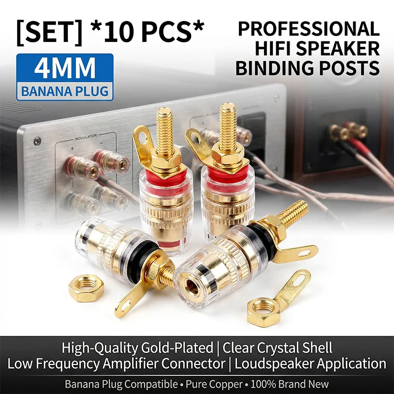 10Pcs/Set Speaker Gold Plated Terminal Binding Post 4mm Banana Plug Socket Low Frequency Amplifier Connector for Loudspeakers