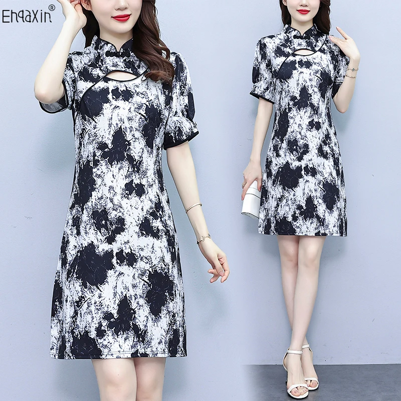 

EHQAXIN New Women's Cheongsam Dress Fashion 2023 Summer Elegant Chinese Style Lnk Printing Romantic Short Sleeve Dresses L-5XL