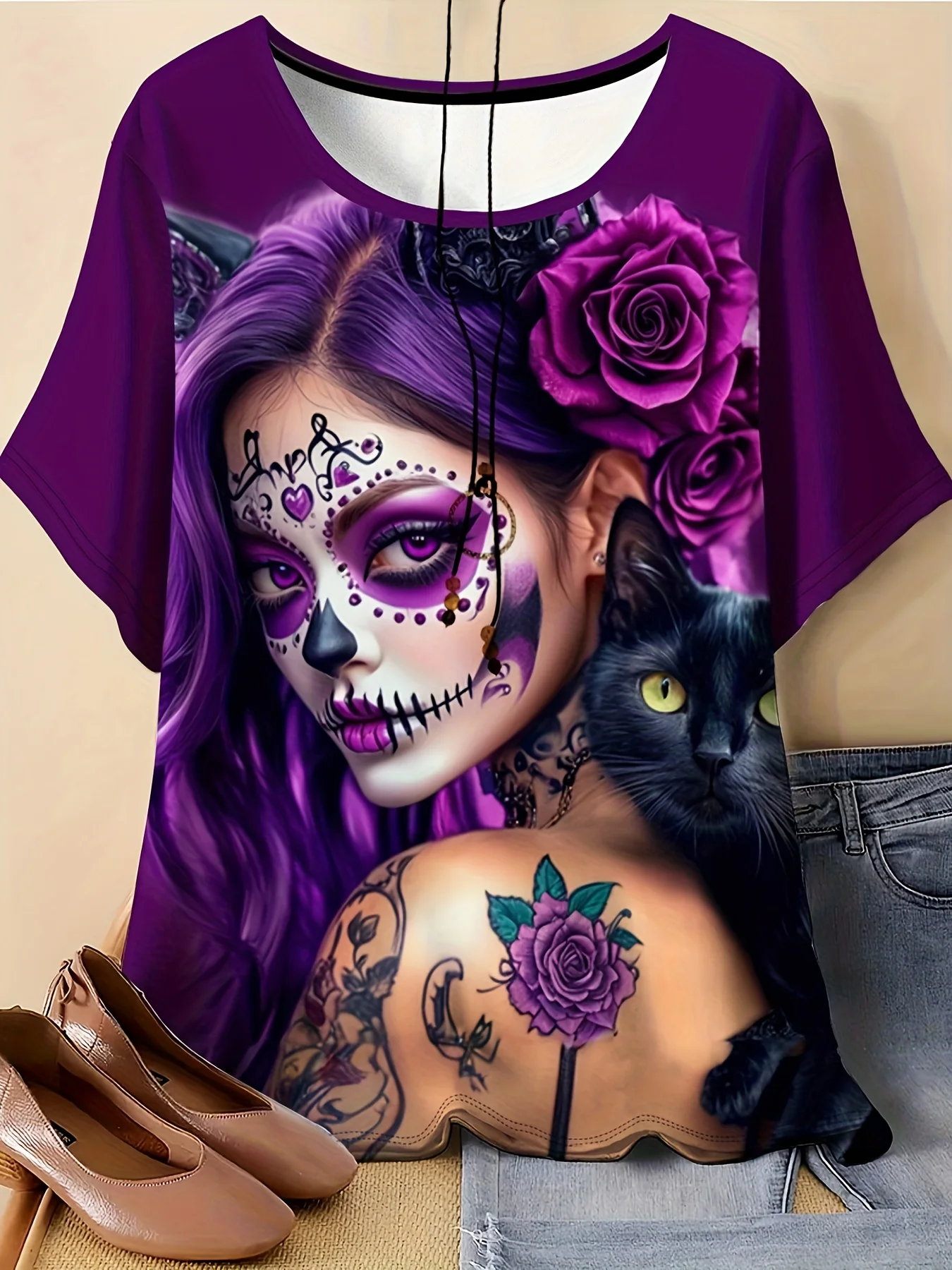 Women Crew Neck Short Sleeve T‑Shirt, Day Of The Dead Sugar Skull Lady Black Cat Purple Rose Tattoo Graphic Print Casual Summer
