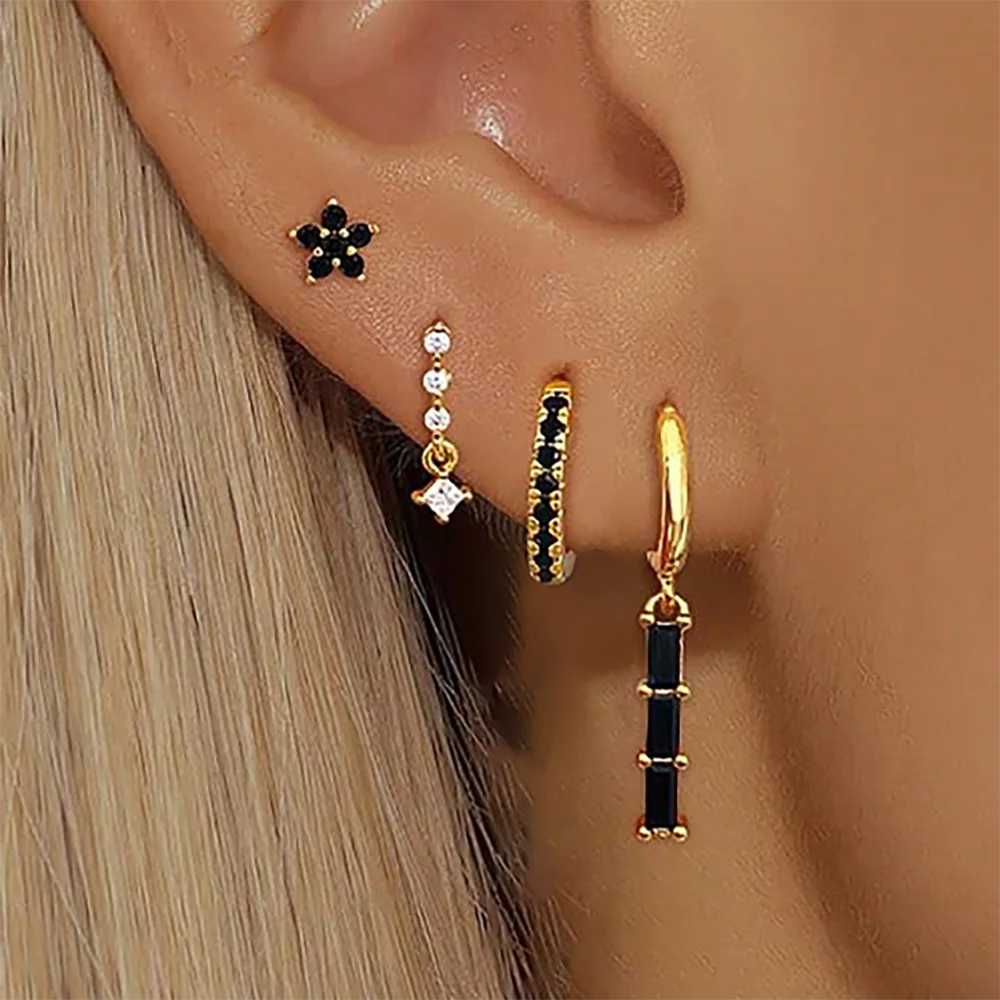 4-teiliges Modisches Edelstahl-Ohrringset mit Schwarzen Zirkonia-Blumen für Damen Geometrische Tropfenohrringe Zarter Alltagsschmuck