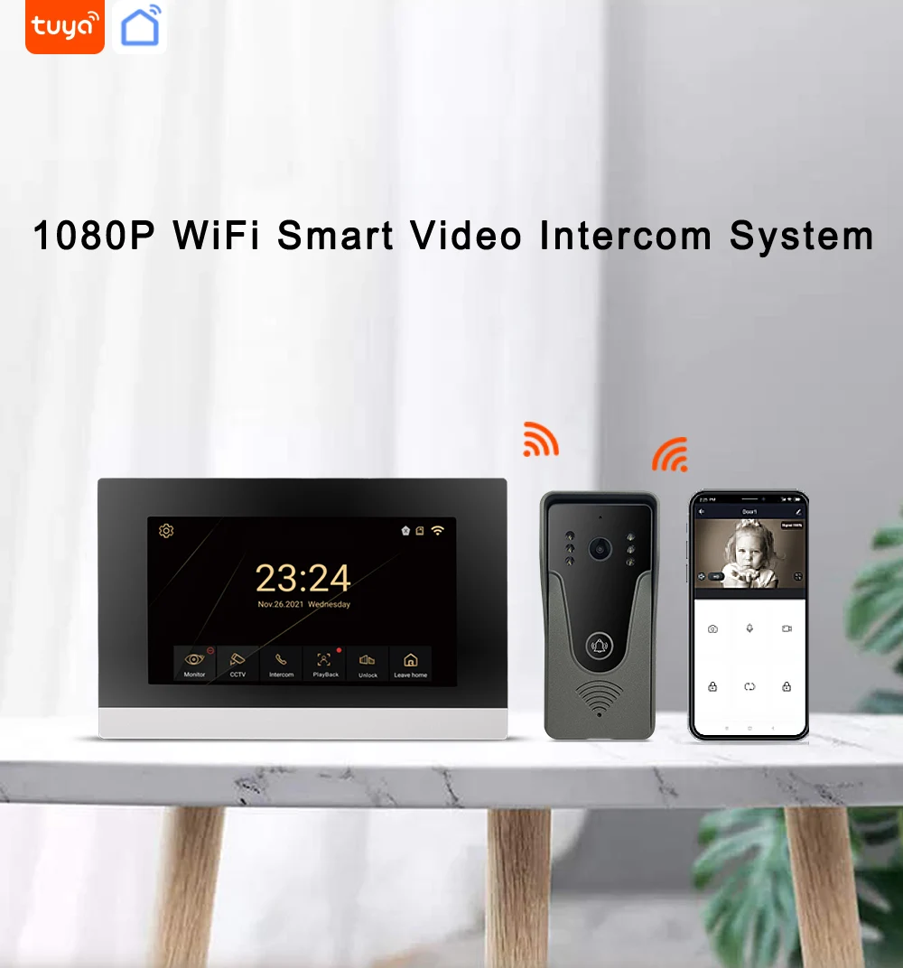 Sistema de intercomunicação de vídeo sem fio inteligente, Home Intercom WiFi Doorbell, One Call Panel, Vários Displays, 1080P