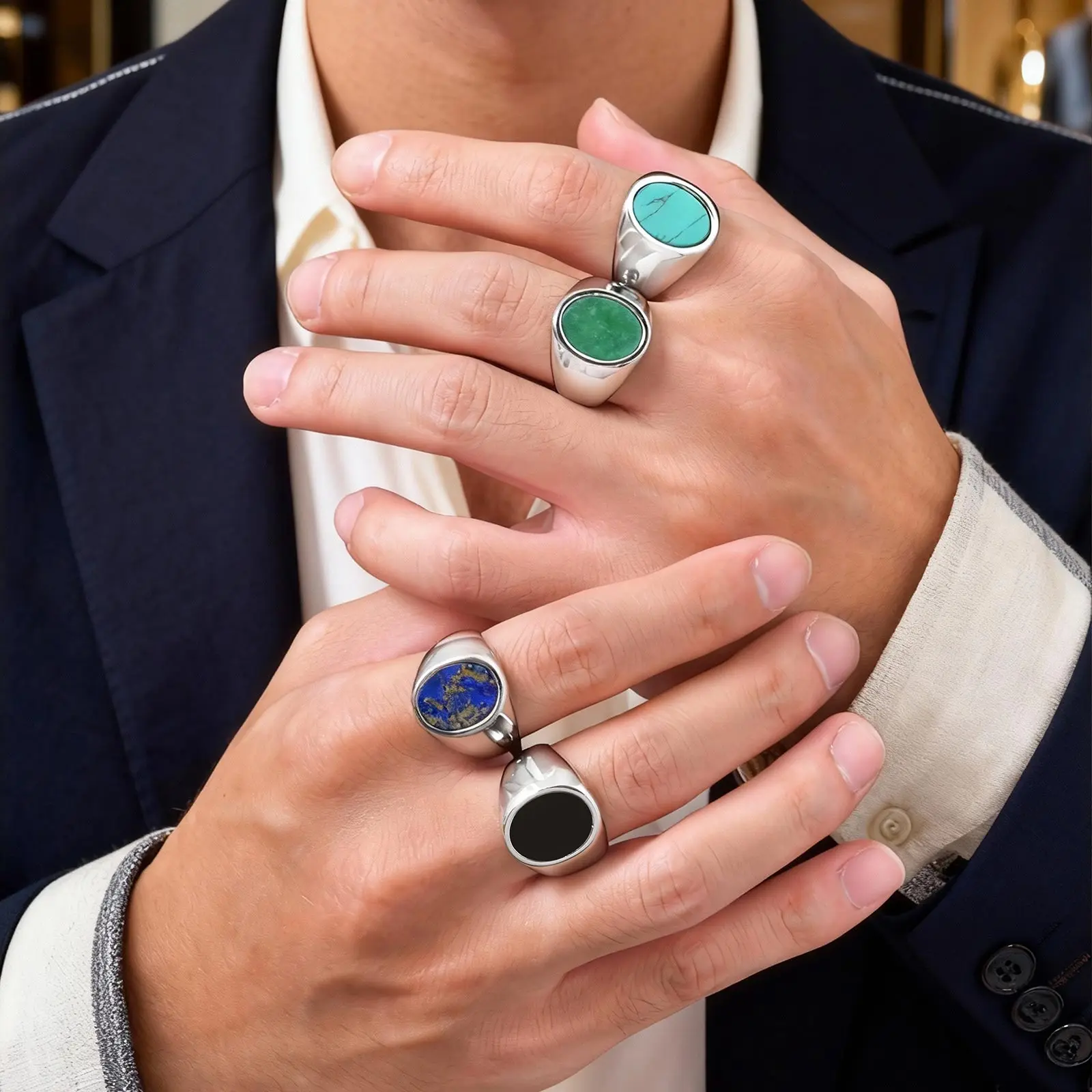 

Personalized Gifts Men's ring, Engraved Name Logo Unique on the Inner Ring, inlay Label Natural Turquoise Wholesale Jewelry 2026