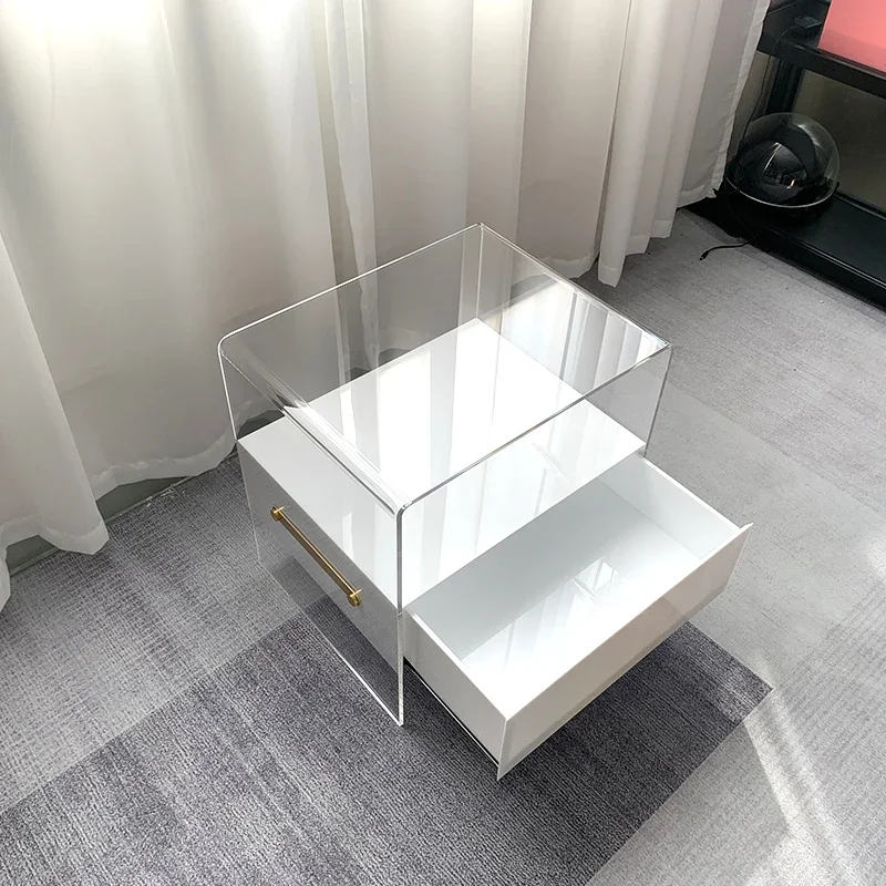 アクリルベッドサイドテーブル、シンプルでモダンなサイドテーブル、ベッドサイドシェルフ、家庭用寝室用のシンプルな透明コーヒーテーブルロッカー