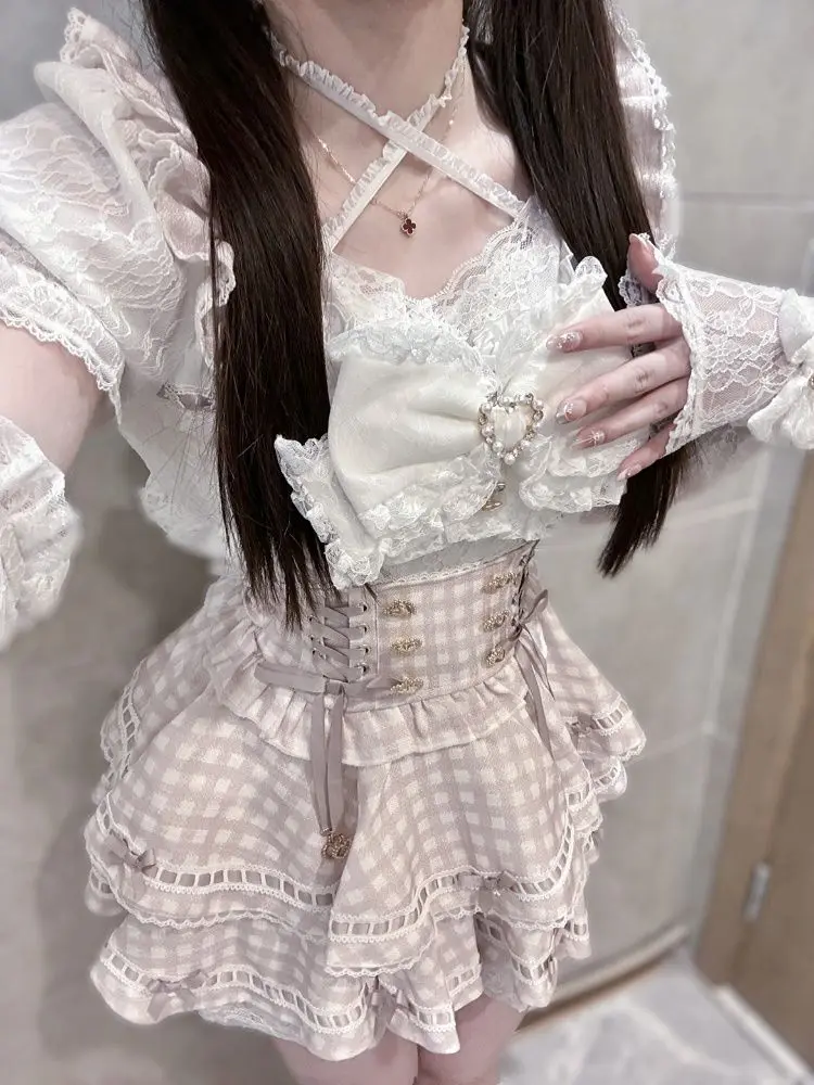 日本のかわいいレーススリム 2 点セット女性デザイン甘いチェック柄スキニースーツ女性ハイストリートヴィンテージ半袖衣装新しい