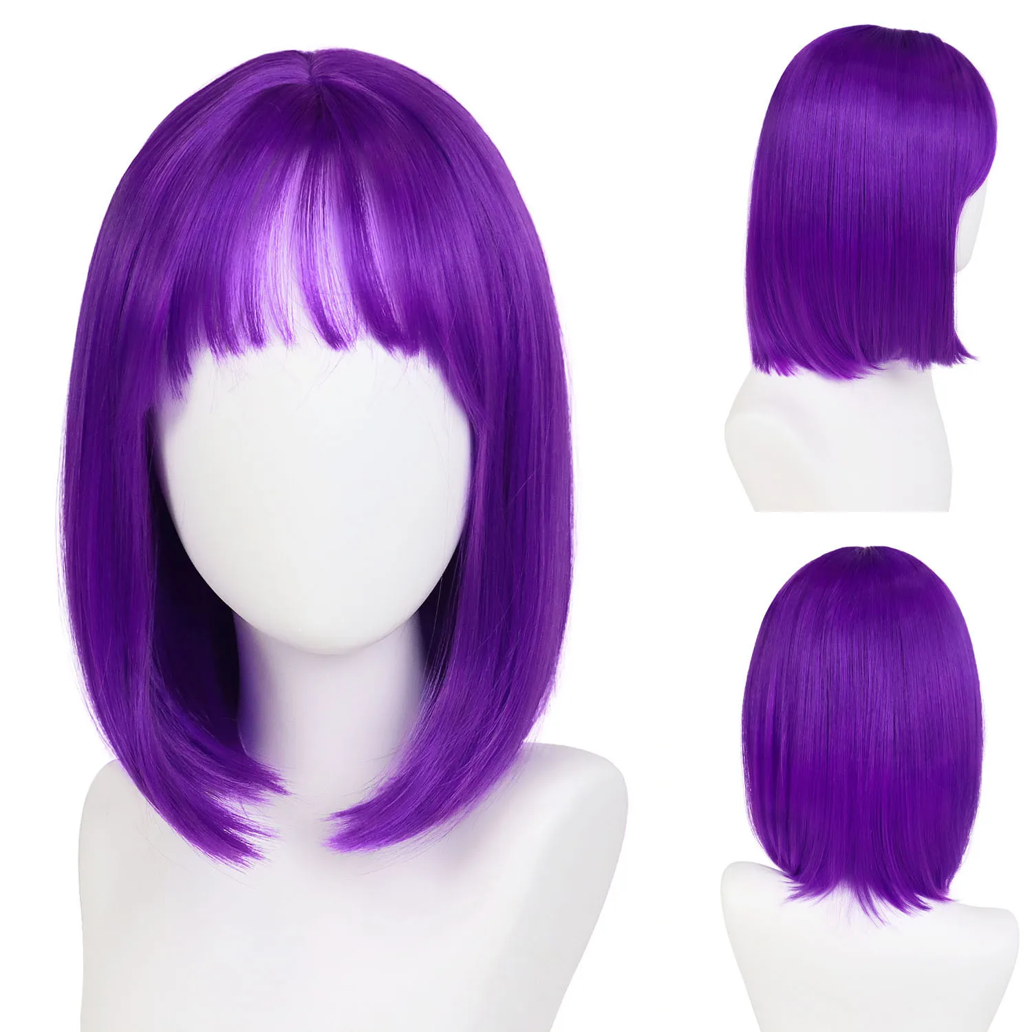 

Womens Purple Wig with Bangs Synthetic Hair Short Bob Wig Halloween Costume Party Purple Cosplay Wigs Straight Hairstyle Funny
