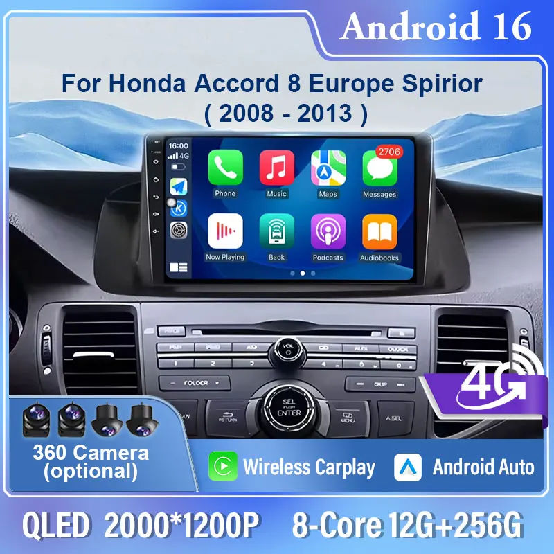 

9 Inch CarPlay Android Auto Radio for Honda Accord 8 Europe Spirior 2008-2013 Car Multimedia Video Stereo Player GPS WIFI