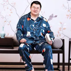 New Men Spring Pajamas Long Sleeve Imitation Silk Pyjamas Loose Plus Nightdress Thin Ice Silk Sleepwear Lapel Simple Home Wear