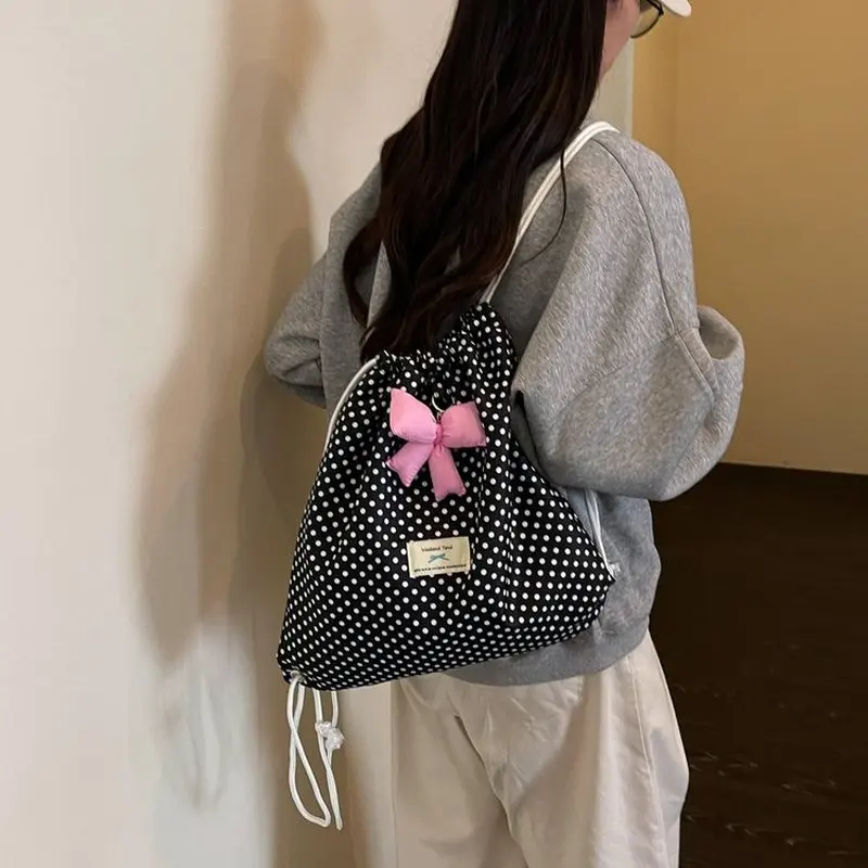 Cute Black White Polka Dot Drawstring Backpack with Pink Bow Girls School Bag Travel Daypack for Daily Use