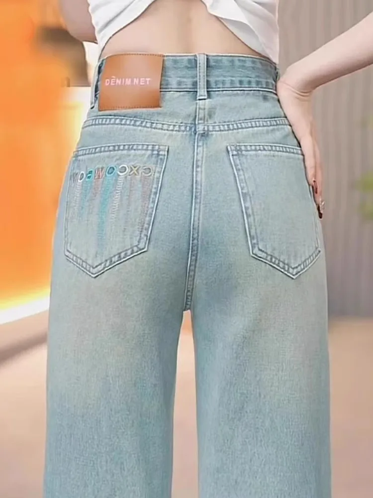 Spring 2025 Women's High Waist Wide Leg Jeans Embroidered Pocket Drapey Light Blue Denim Casual Versatile Straight Cut Trousers
