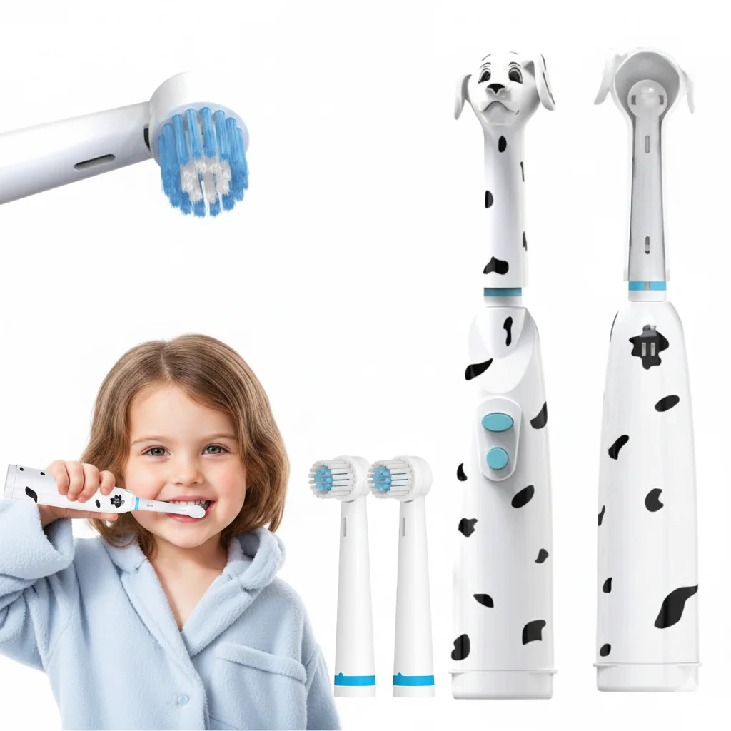 Kids Electric Toothbrush, Battery Powered, Baby Spotted Dog Design, with Dust Cover, Cartoon Cat/Lion, Round Head.