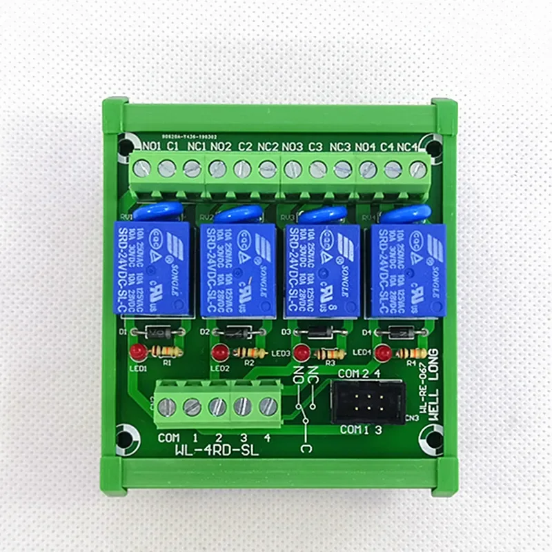 DIN Rail Mount 4 Channel NPN Type 24V 10A Power Relay Interface Module.