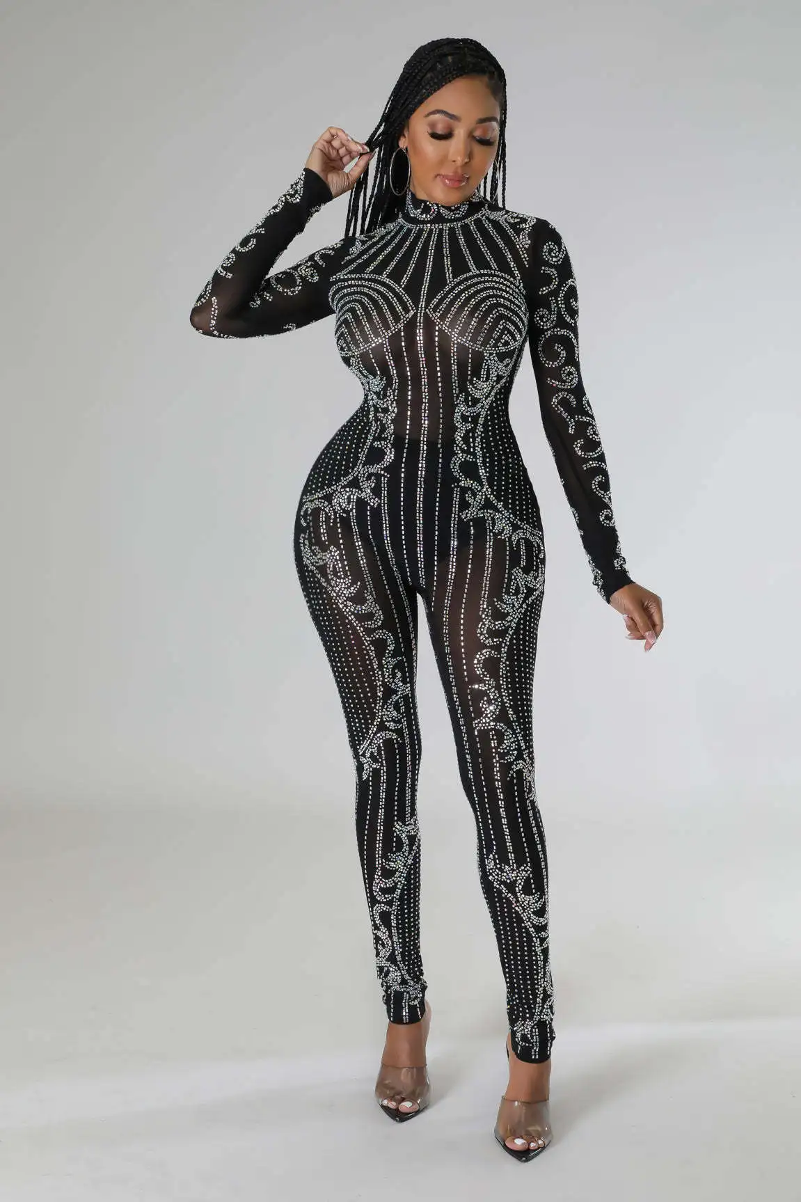 Perspective Hot Diamond Long Sleeve Party Nightclub Jumpsuit