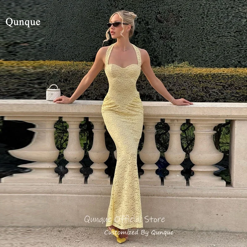 

Qunque Sexy Halter Neck Yellow Evening Dresses Sweetheart Mermaid Dresses For Women Lace Bodycon Vestidos De Gala Customized