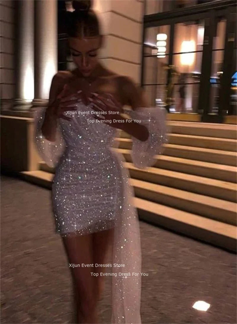 Xijun Sparkly Short Prom Party Dresses Sweetheart Puff Short Sleeves Shiny Mini Cocktail Dress Night Club Bride Gowns Bling 2024