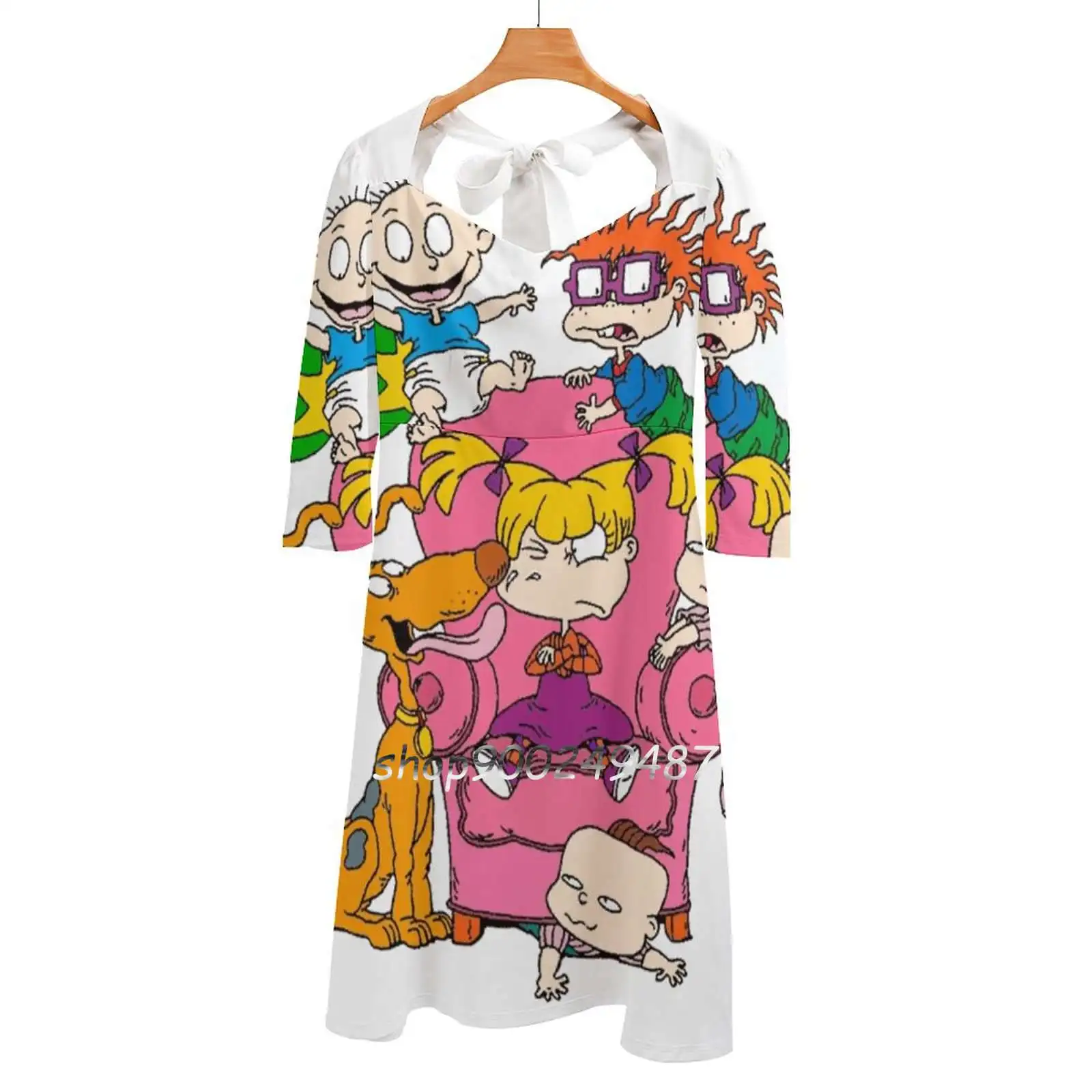 

Square Neck Dress Sweet Summer Dress Women Elegant Halter Print Dress Babies Animated Cartoon Cartoon