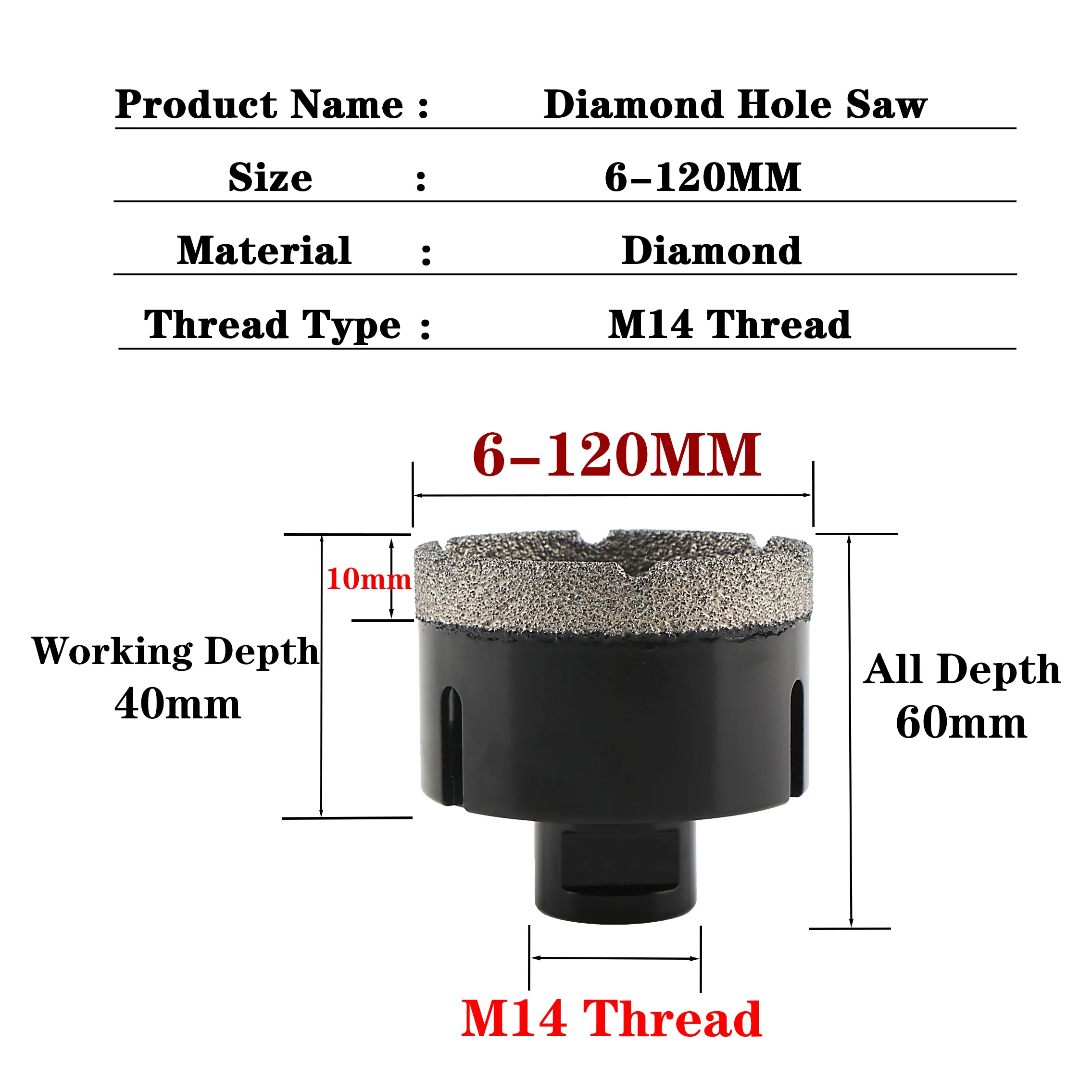 Foret à sec en diamant brasé sous vide, filetage M14, scie cloche pour carreaux de porcelaine, granit, marbre, pierre, adapté au meuleuse d'angle