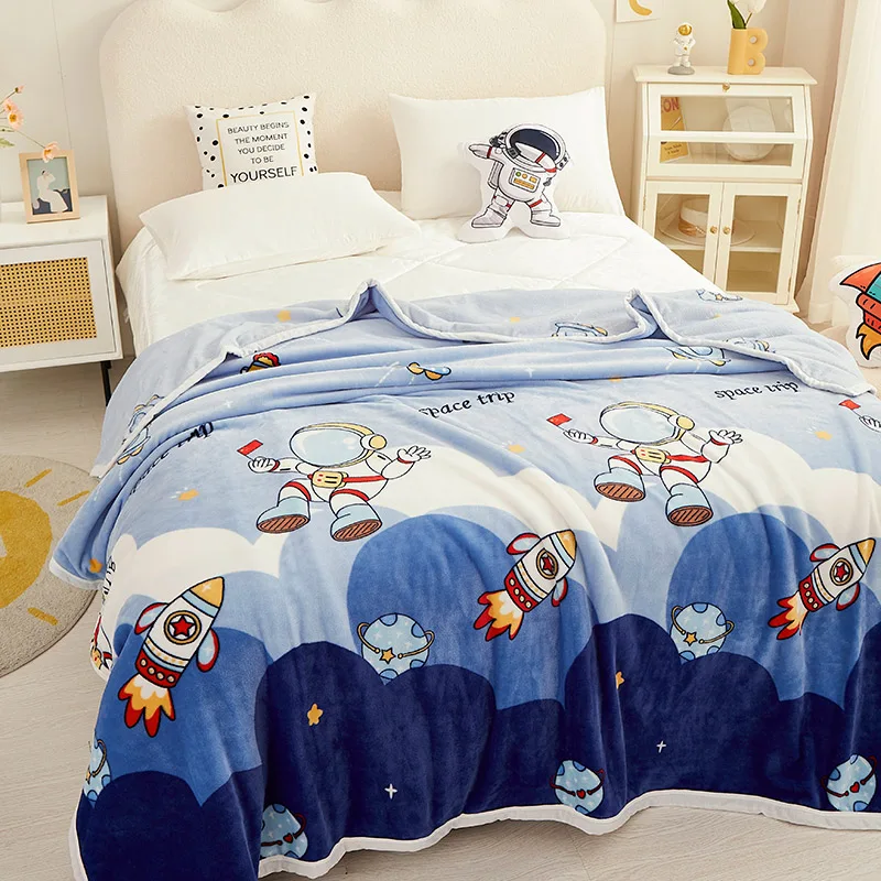 Outer Space Blanket for Boys Cartoon Astronaut Theme Plush Flannel Blankets, Cozy Warm Blue Rocket Planet Fuzzy Throw Blanket