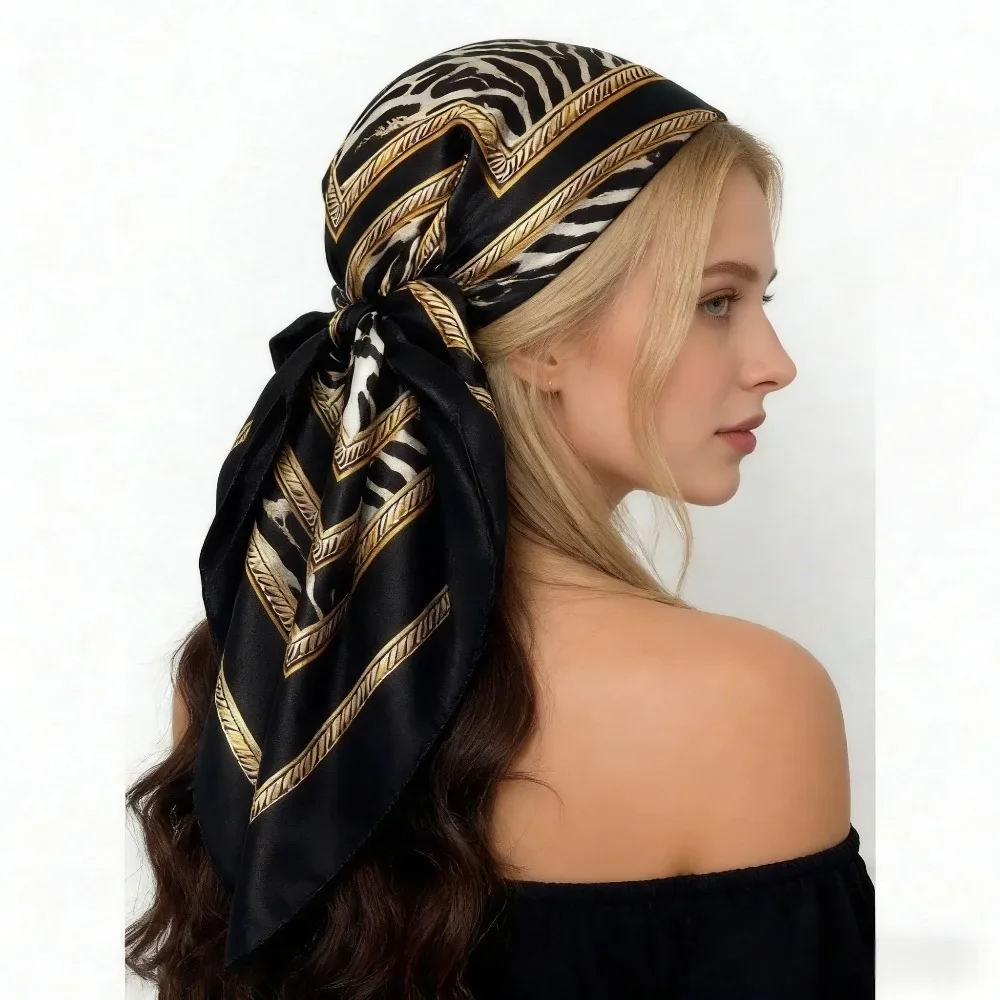 Head Scarf Women Luxury Brand Square 90*90cm Silk Foulard Satin Bandana Soft Neckerchief Hijab Hair Scarves For Ladies - Detail 1
