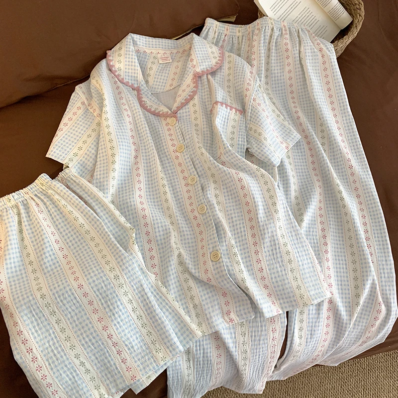 Spring Autumn Blue Checkered Floral Print Women's Pajamas Set Korean Casual Sleepwear Homewear Short Sleeve 3 Piece Pajamas Set
