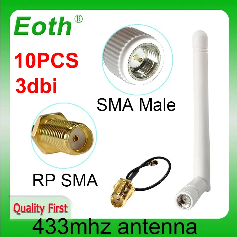 EOTH 10pcs 433mhz antenna 3dbi sma male lora iot module lorawan signal receiver antene ipex1 SMA female pigtail Extension Cable