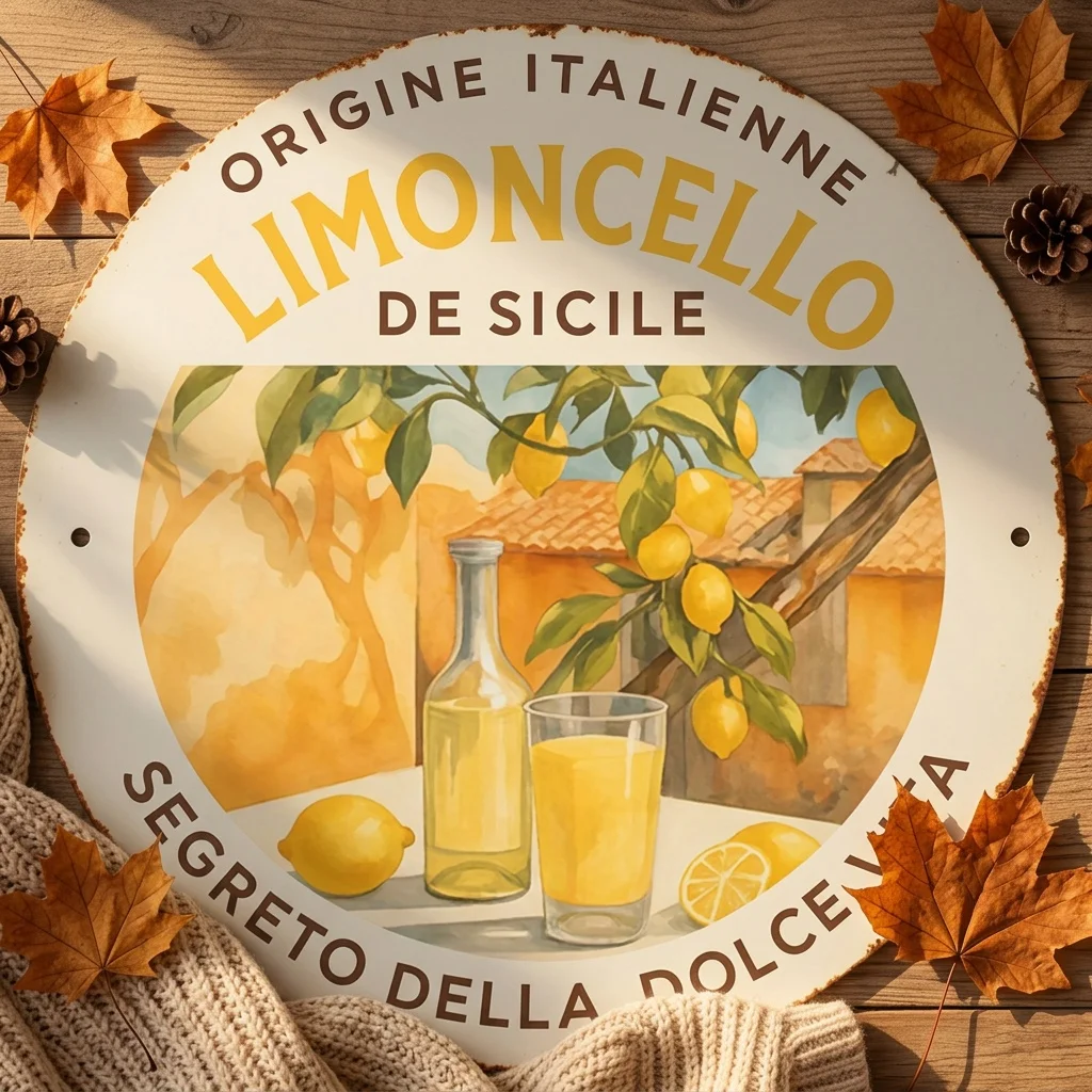 Round Italian Limoncello Amalfi Coast Lemon Liqueur Logo Sign - Vintage Sicilian Limoncello Design Aluminum Plaque for Bar